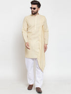 Beige Kurta With Aligarh Pajama Set in Linen For Men by Treemoda