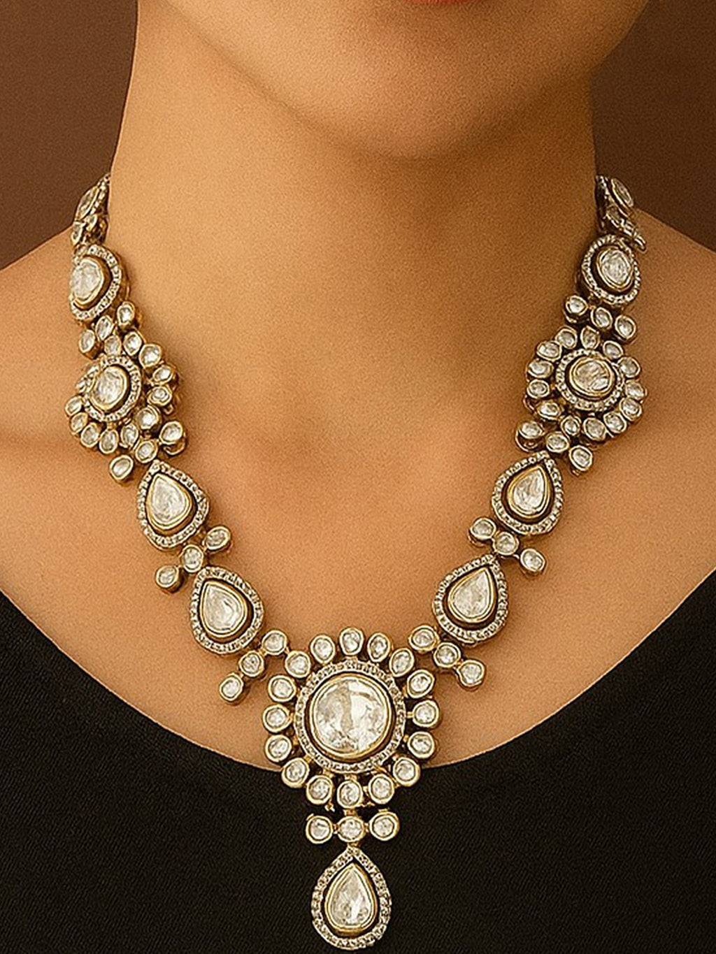 Grand Kundan Polki Necklace with Circular Floral Motifs & Matching Earrings