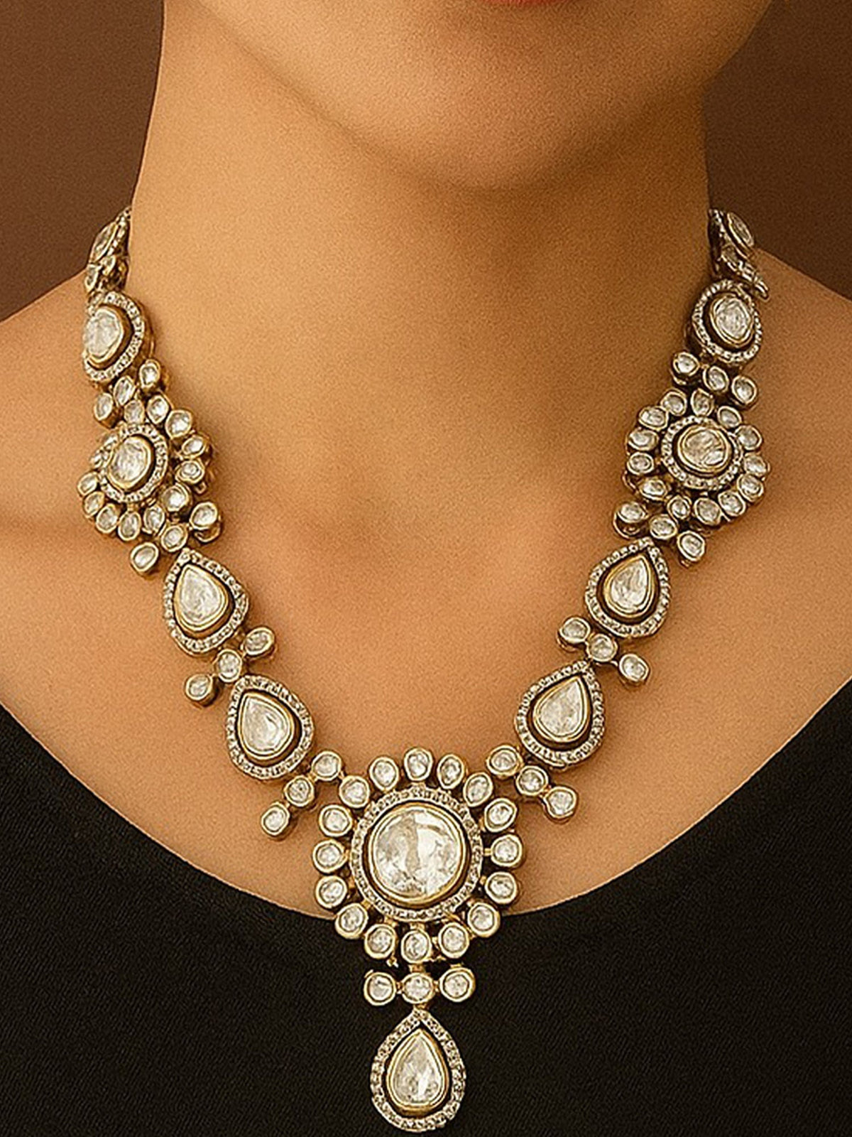 Grand Kundan Polki Necklace with Circular Floral Motifs & Matching Earrings