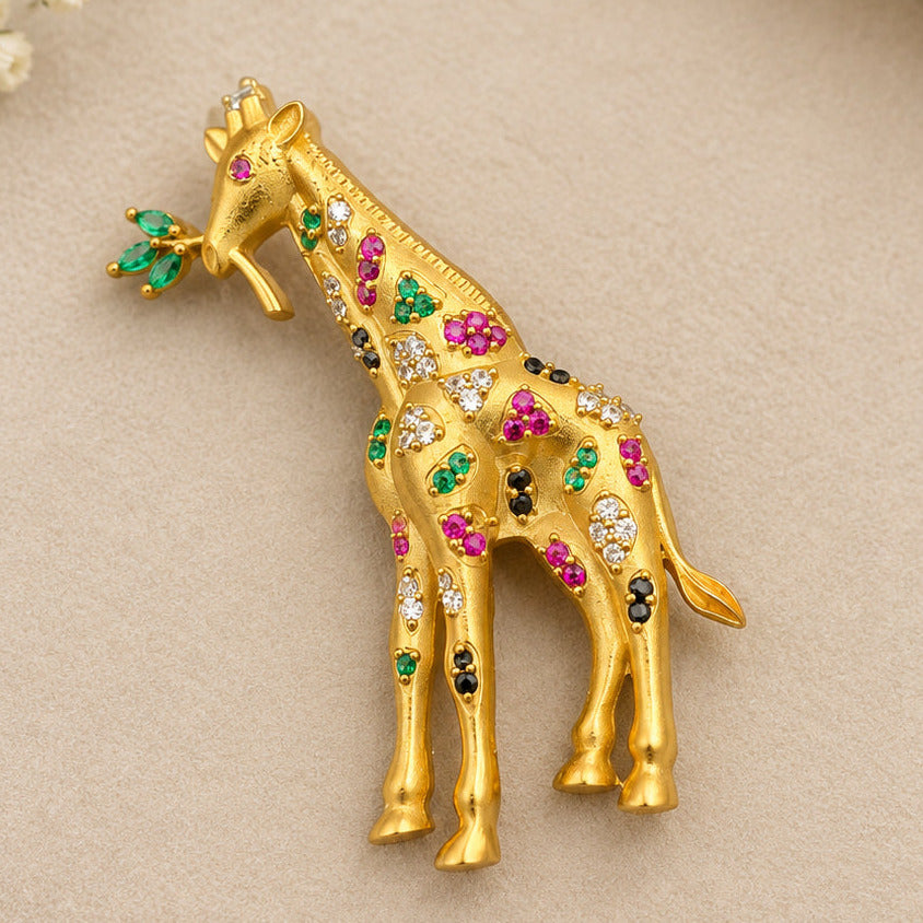 Matt Golden Giraffe Brooch with AAA Quality AD Stones – Brass Metal