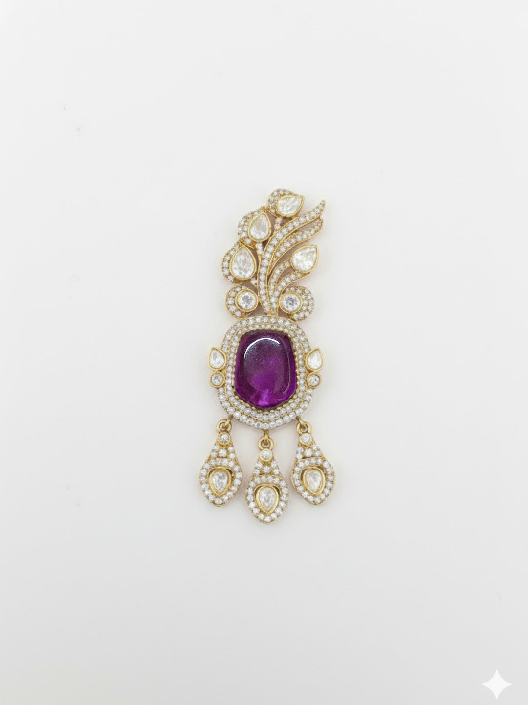 Victorina Moissanite Polki Brass Drop Pendant with Purple Doublets