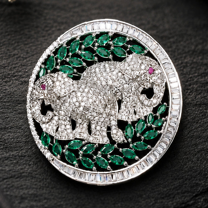 Luxury Victorian Elephant Family Brooch with Green Stones – Brass Plated AAA Quality Jewelry