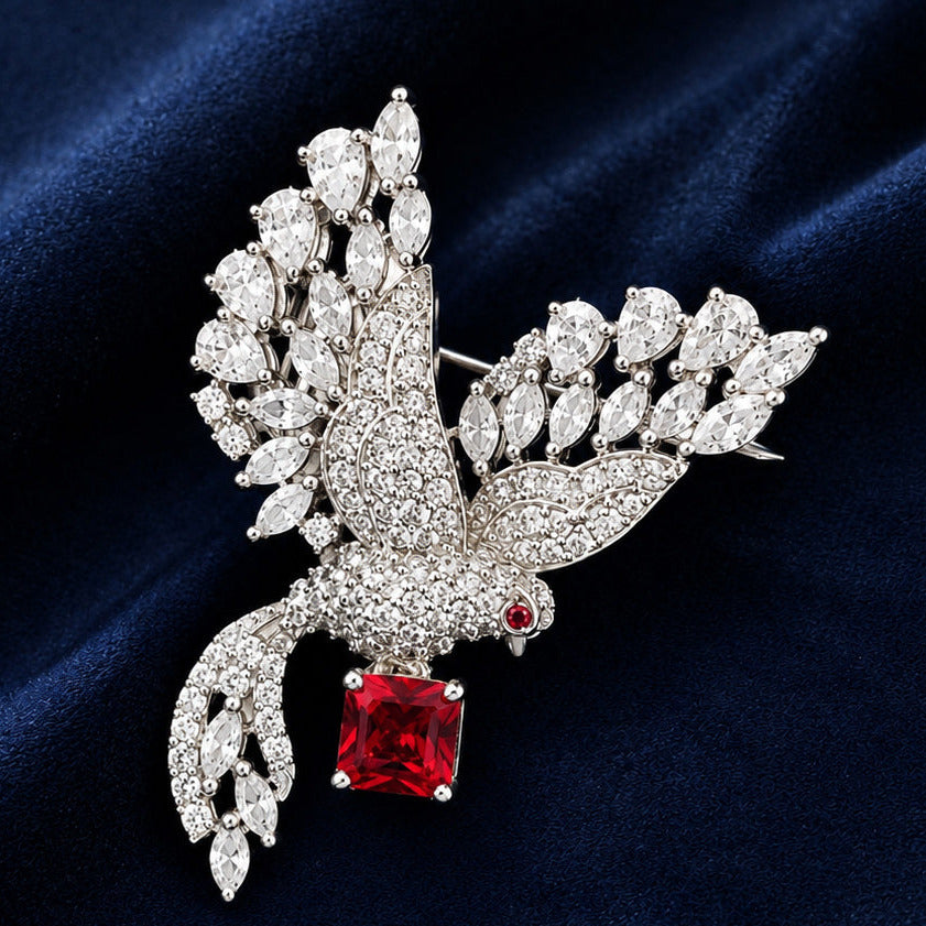 Silver Bird Brooch with Doublet & AAA Quality AD Stones – Brass Metal