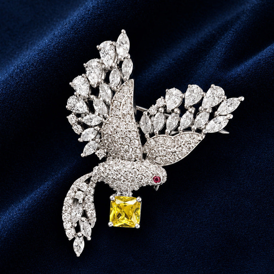 Silver Bird Brooch with Yellow Doublet Stone & AAA Quality AD Stones – Brass Metal