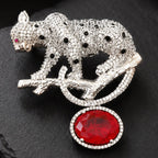 Premium Silver-Plated Leopard Brooch Pin with Red Crystal | AAA Quality AD Brass Designer Brooch
