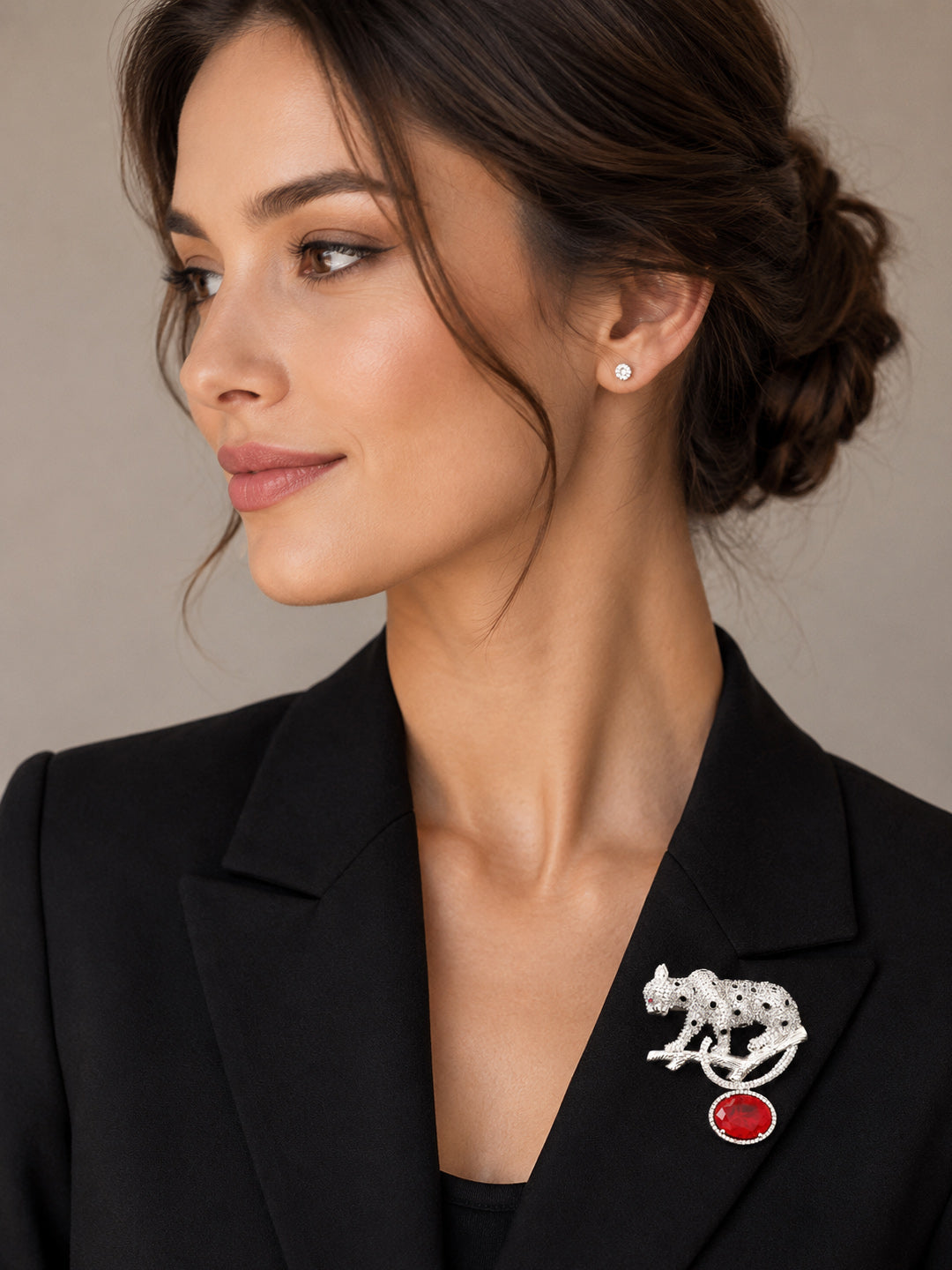 Premium Silver-Plated Leopard Brooch Pin with Red Crystal | AAA Quality AD Brass Designer Brooch