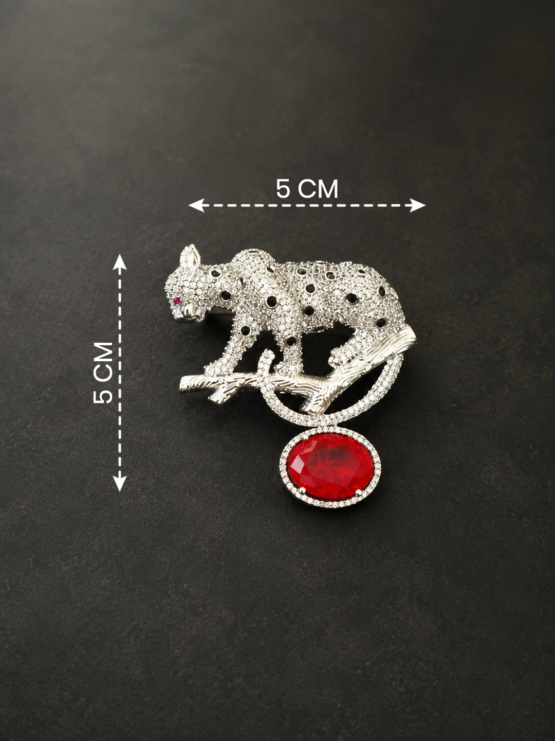 Premium Silver-Plated Leopard Brooch Pin with Red Crystal | AAA Quality AD Brass Designer Brooch