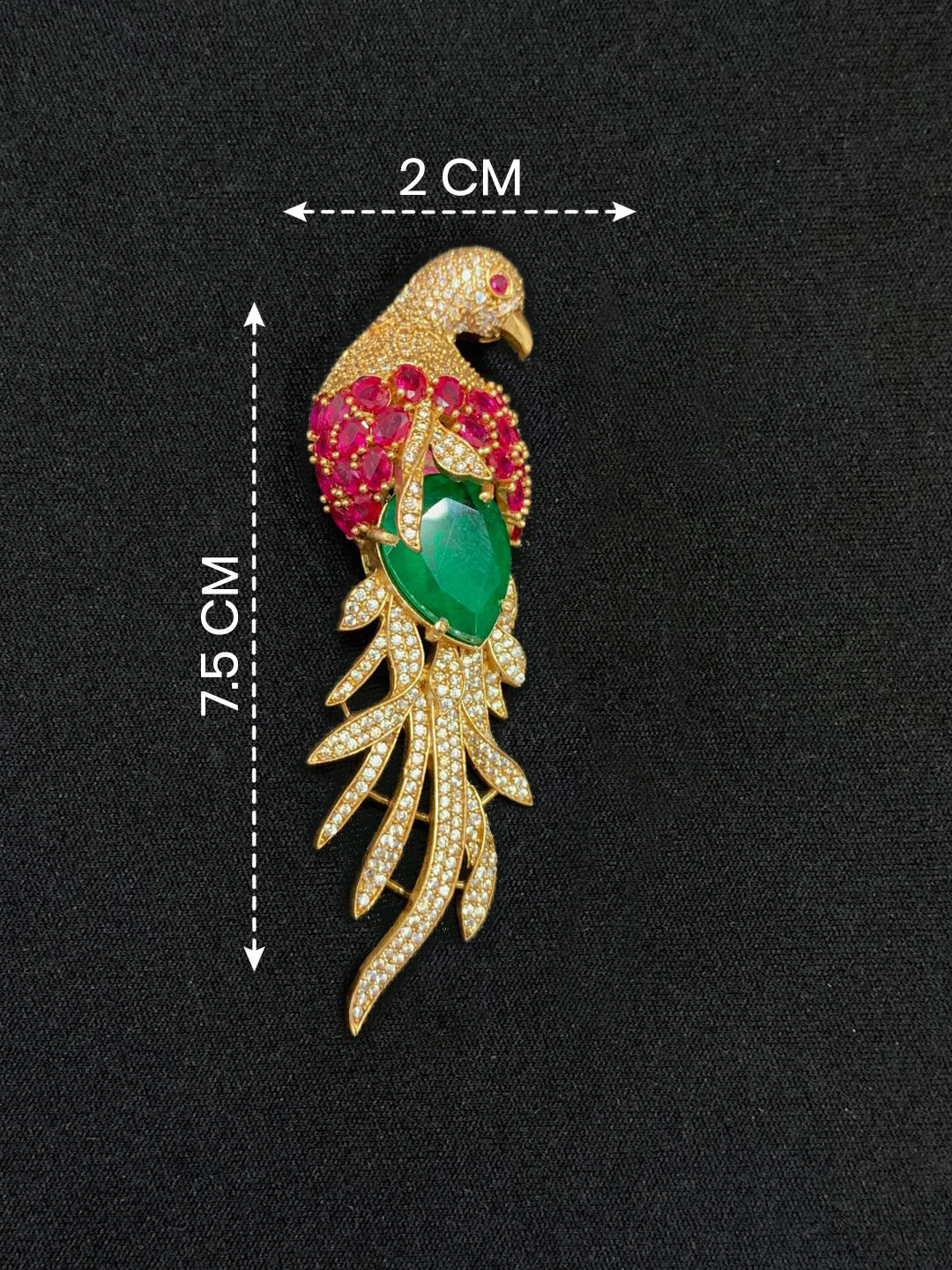 Elegant Peacock Design Brass Brooch with Green Doublet Stone & AAA AD Work