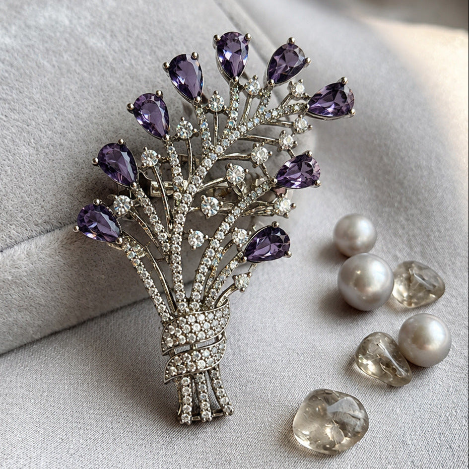 Elegant Silver-Plated Brass Floral Brooch with Purple Hydro Stones & AAA AD Stones