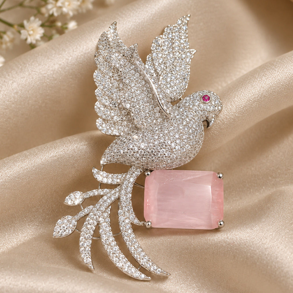 Elegant Silver-Plated Brass Dove Brooch with Pink Doublet Stone & AAA AD Stones