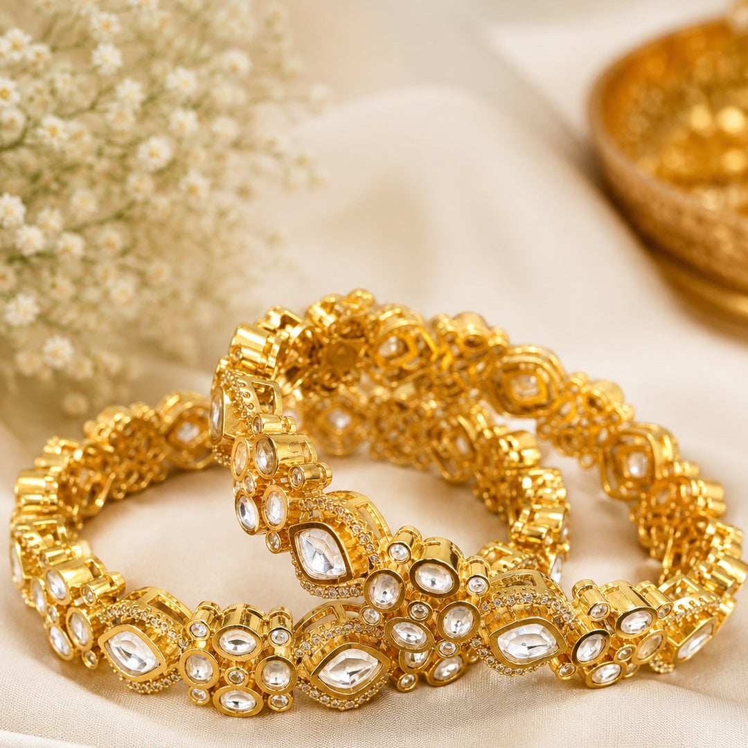Royal Polki Moissanite Gold-Plated Brass Kada Bangles for Women | AAA Quality AD Traditional Bracelet Set