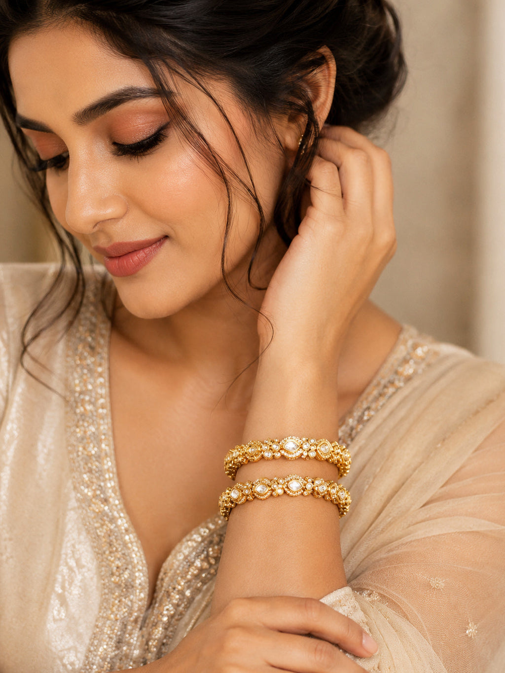 Royal Polki Moissanite Gold-Plated Brass Kada Bangles for Women | AAA Quality AD Traditional Bracelet Set