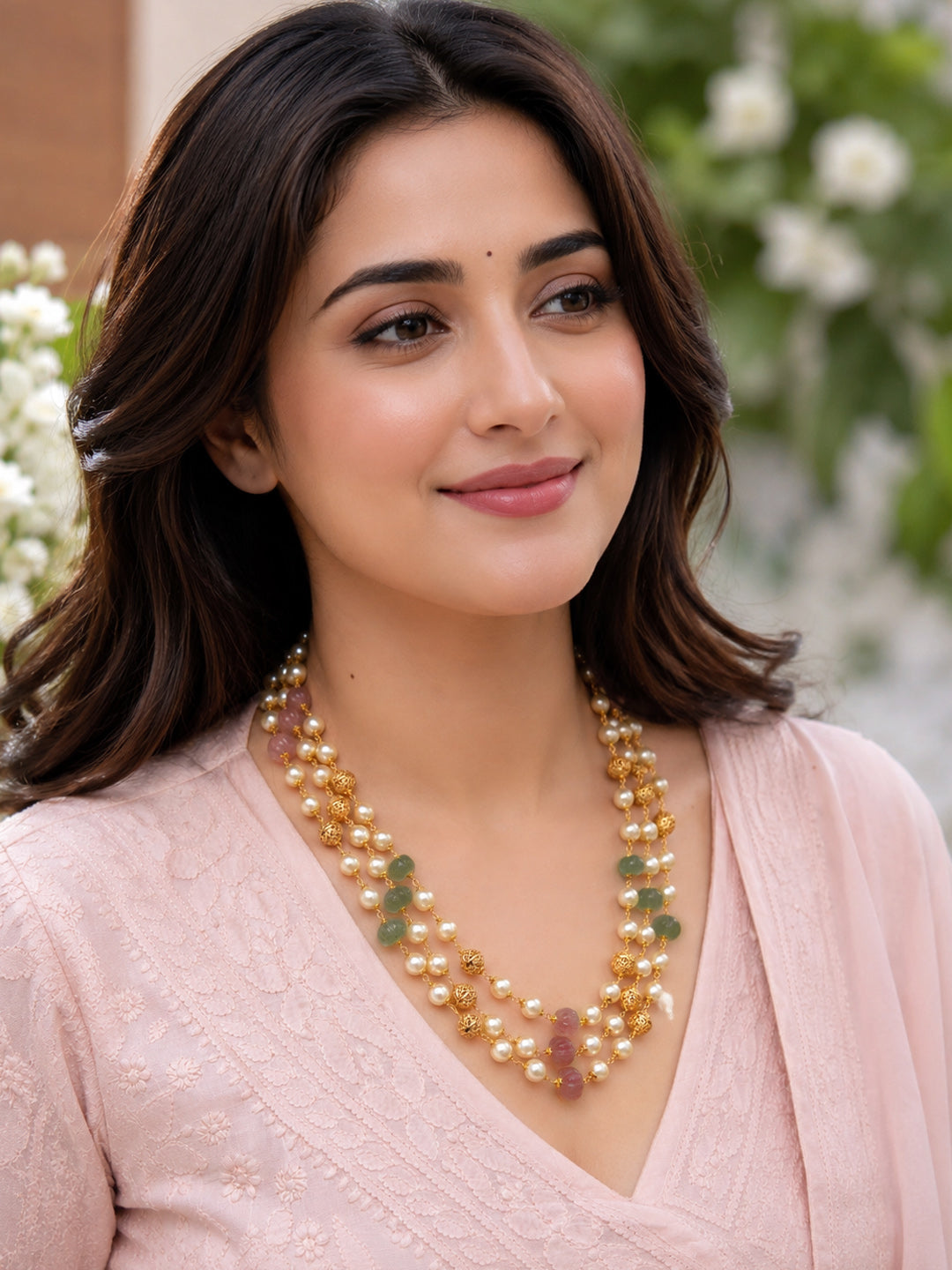 Elegant Multi-Strand Shell Pearl & Pumpkin Bead Necklace