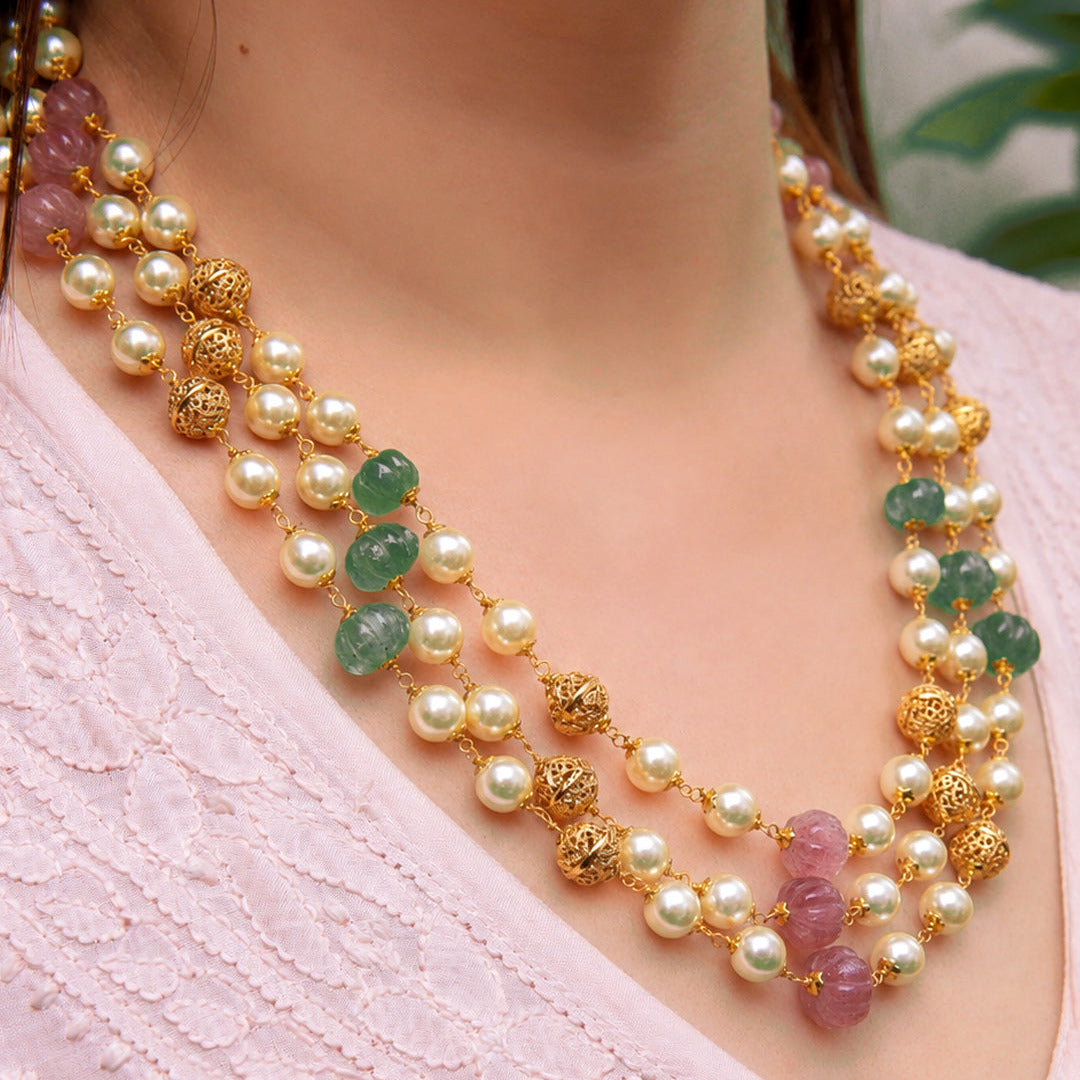 Elegant Multi-Strand Shell Pearl & Pumpkin Bead Necklace