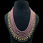 Multi-Strand Pink Beaded Necklace with Pearls & Blue Crystal Drops