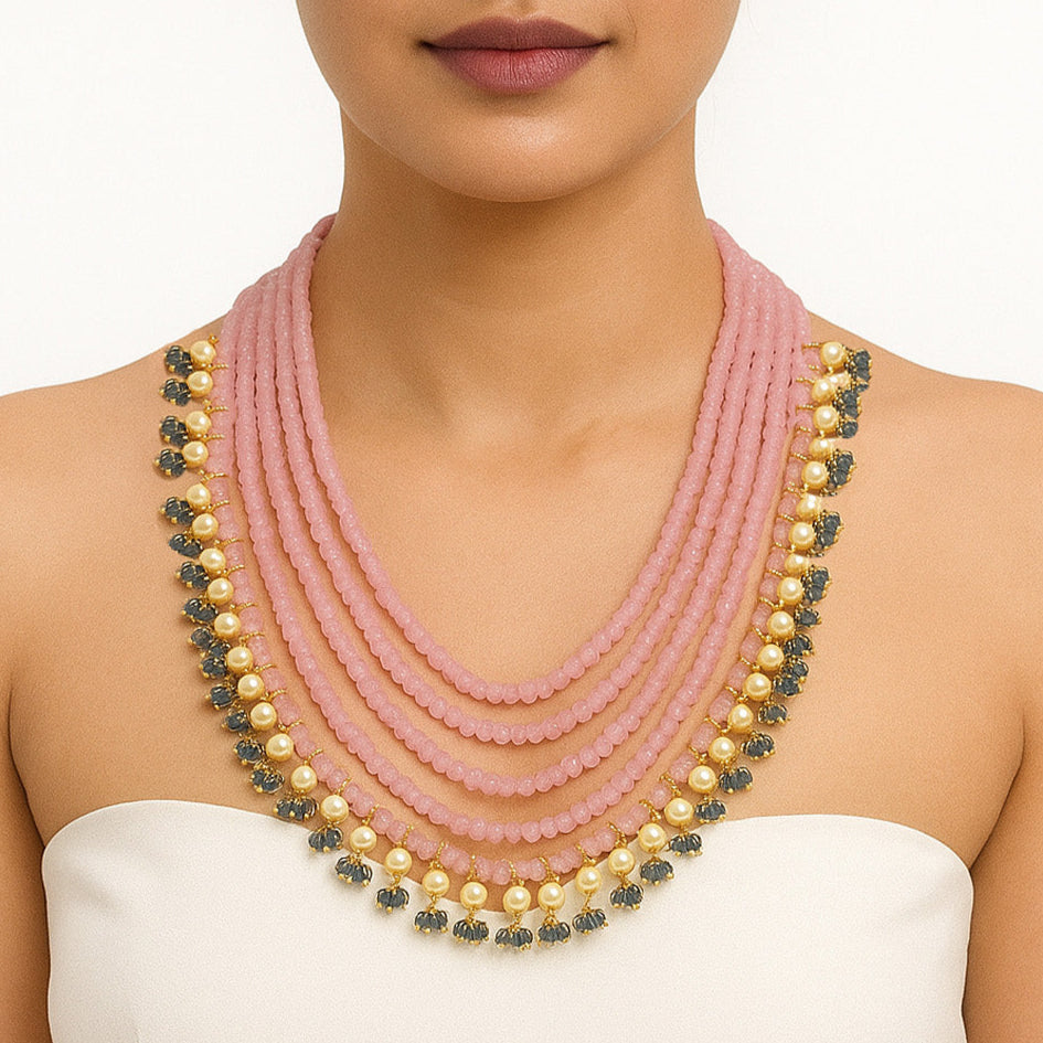 Multi-Strand Pink Beaded Necklace with Pearls & Blue Crystal Drops