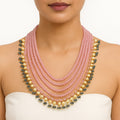 Multi-Strand Pink Beaded Necklace with Pearls & Blue Crystal Drops