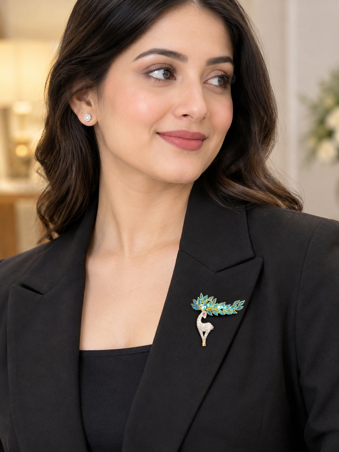 Turquoise crystal wing deer pin brooch in gold tone – luxury jewelry by Aurveza