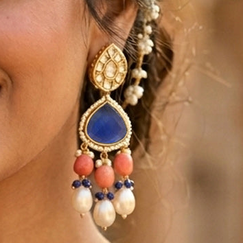 Elegant Blue Doublet Stone Brass Earrings with Coral Tulips & Shell Pearl Drops