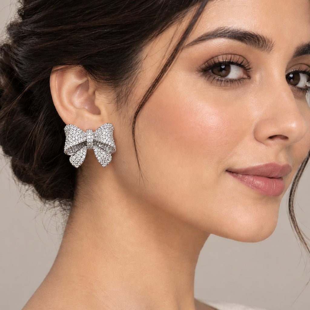 Elegant Silver-Plated Brass Bow Earrings with AAA Quality AD Stones