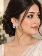 Elegant Silver-Plated Brass Bow Earrings with AAA Quality AD Stones