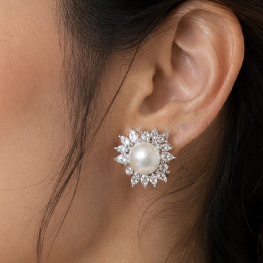 Elegant Pearl Floral Stud Earrings