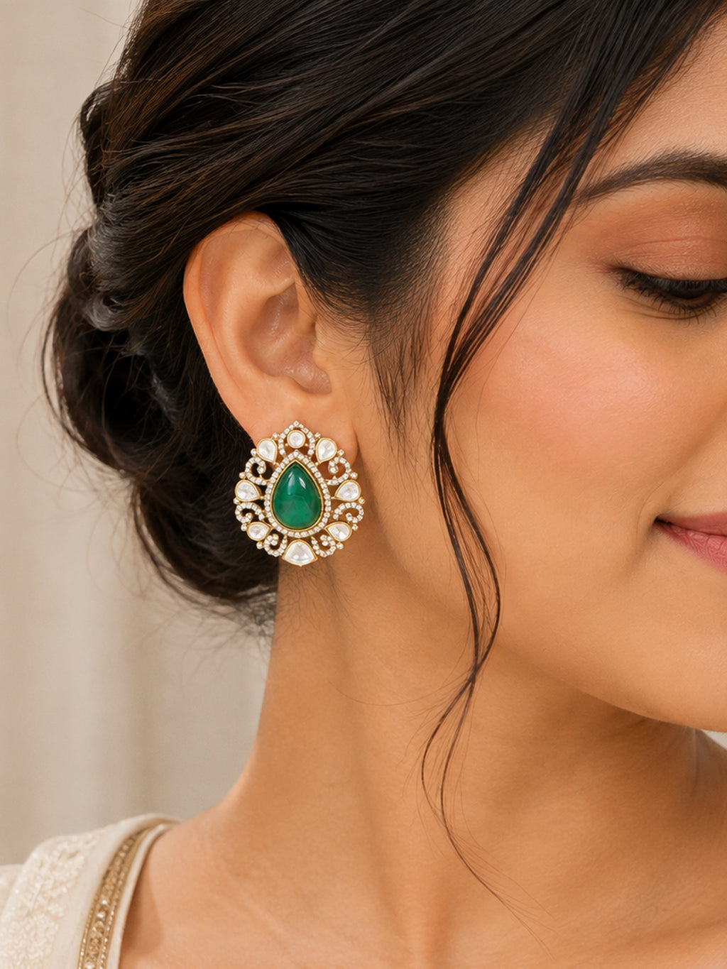 Royal Emerald Green Polki Statement Earrings
