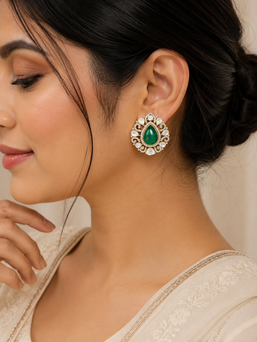 Royal Emerald Green Polki Statement Earrings