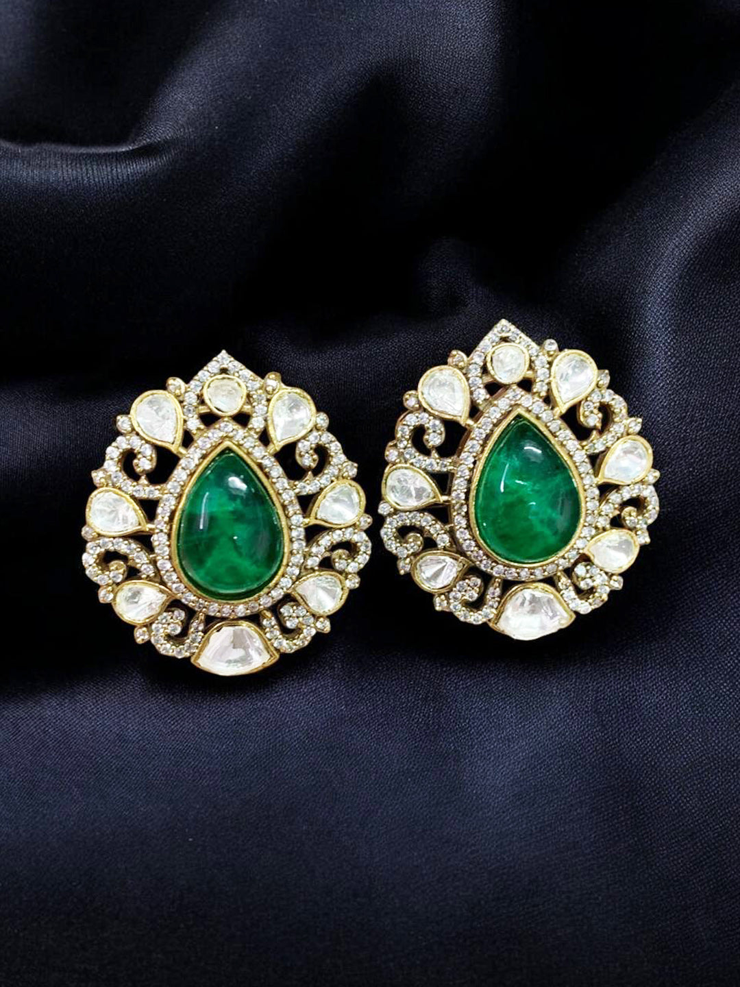 Royal Emerald Green Polki Statement Earrings