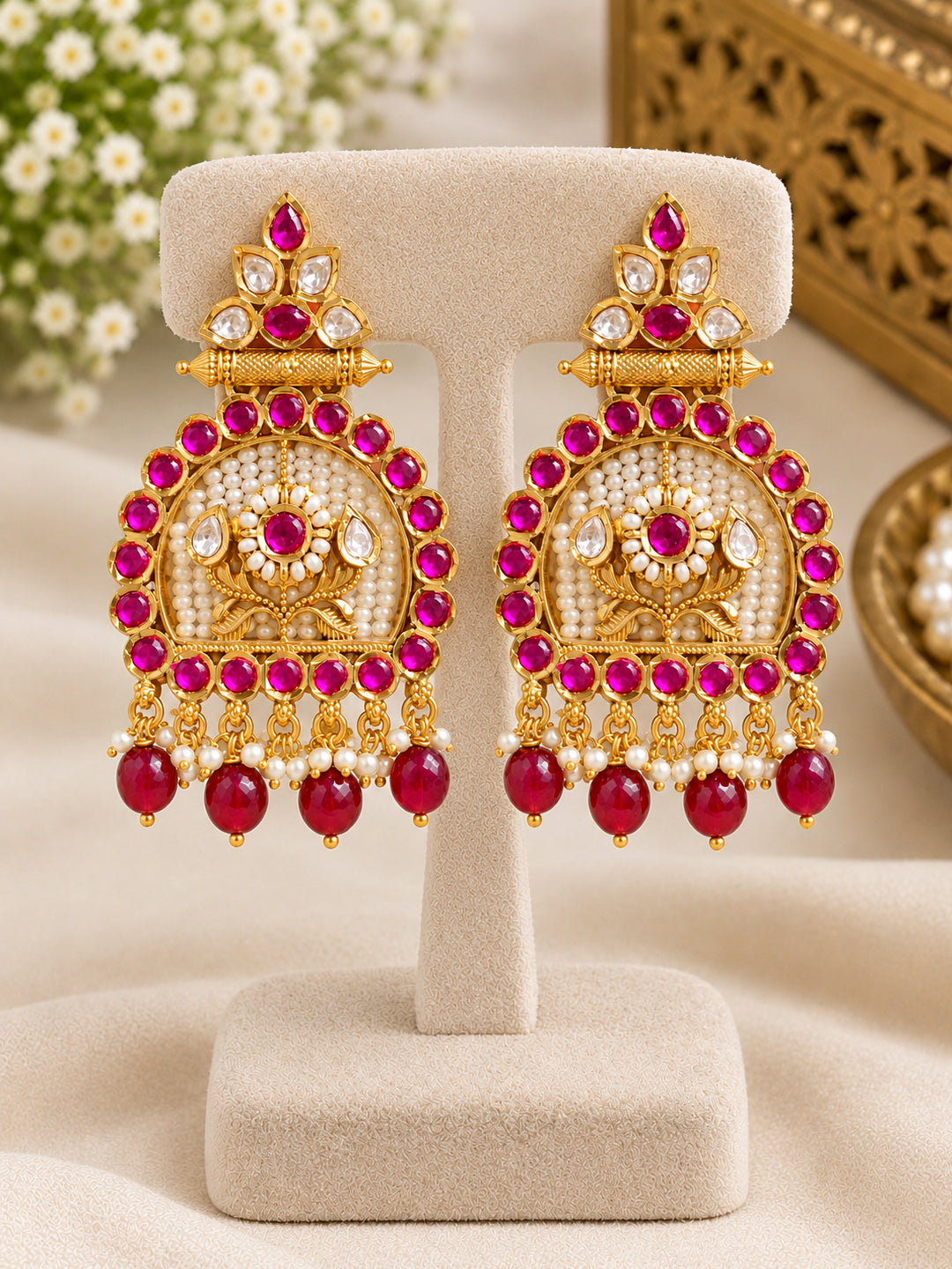 Antique Kemp Temple Earrings | Brass Traditional Earrings | AAA Quality AD Jewelry | Indian Ethnic Statement Earrings