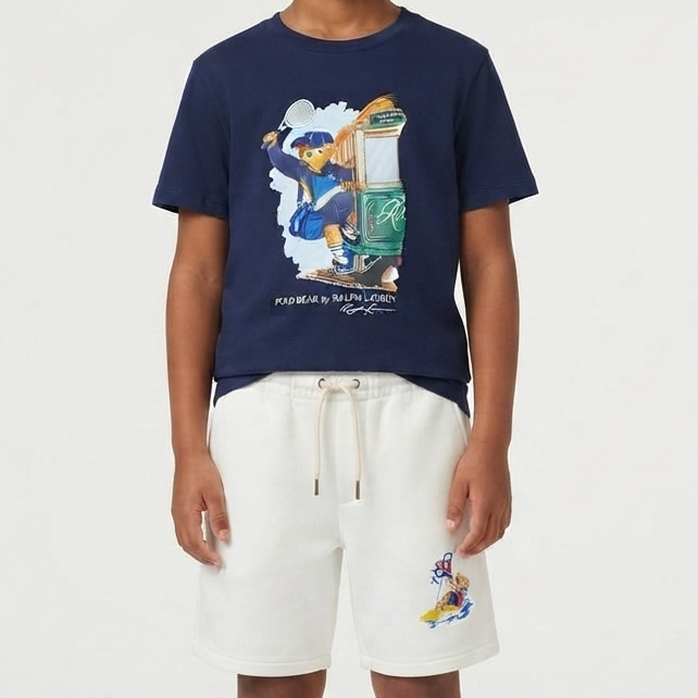 Kids Navy Blue Graphic Printed T-Shirt with White Shorts Co-ord Set