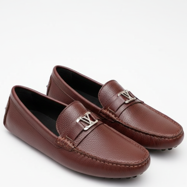 Men’s Brown Leather Slip-On Loafers with Metal Logo Premium Classic Style