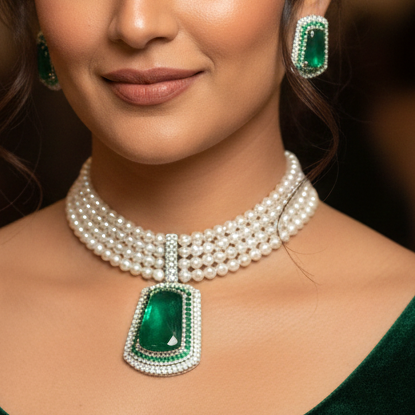Elegant Pearl Choker Set with Grand Emerald-Green Polki Pendant