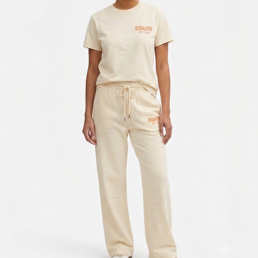 Women's Premium Cream Co-Ord Lounge Set  T-Shirt & Wide-Leg Track Pants