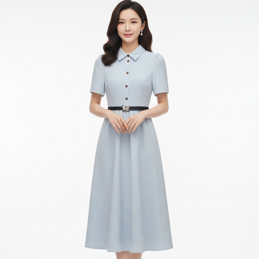 Premium Collared Short Sleeve Fit & Flare Midi Dress with Waist Belt