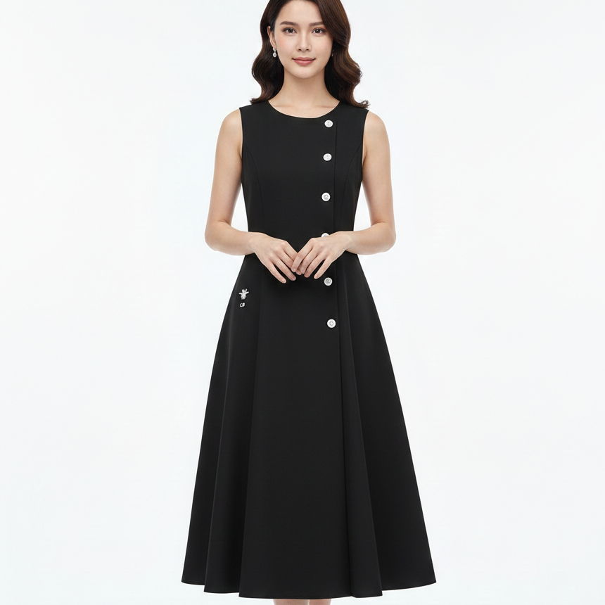 Elegant Sleeveless Black A-Line Dress with Asymmetrical Button Detailing