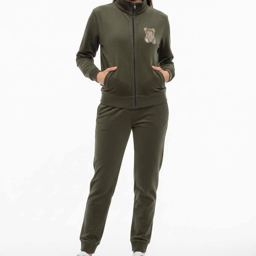 Olive Green Teddy Logo Tracksuit for Cozy Casual Style
