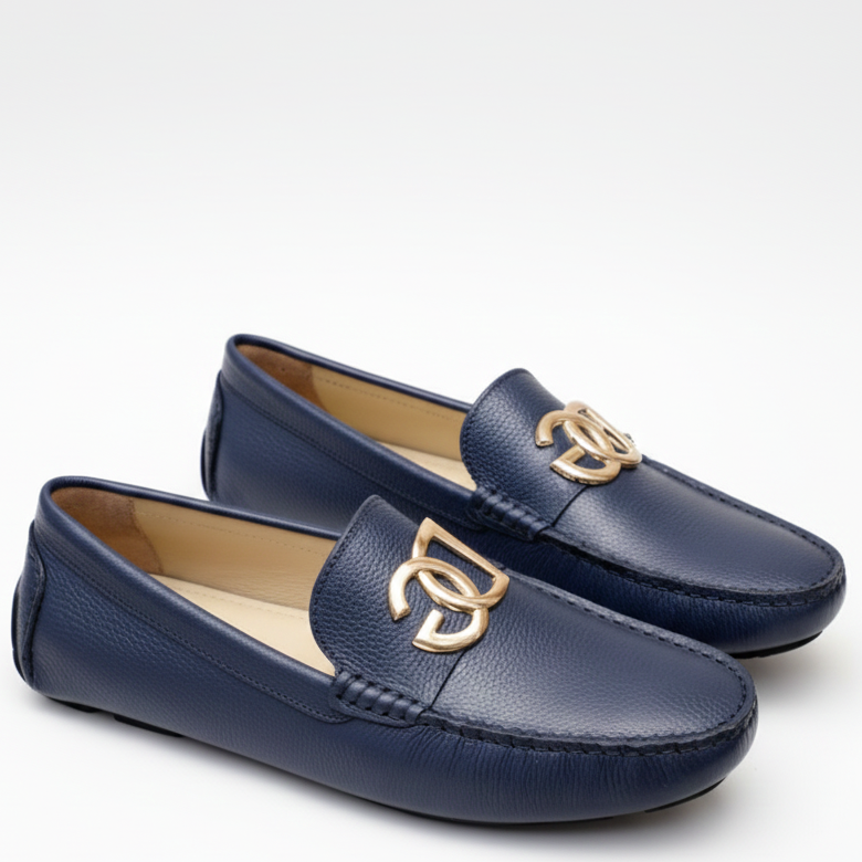 Men’s Navy Blue Leather Slip-On Loafers with Metal Logo Premium Comfort Shoes