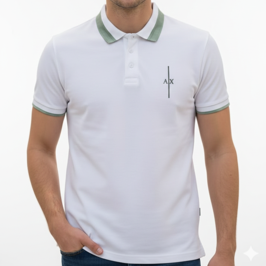 Men’s Premium White Polo T-Shirt with Green Trim