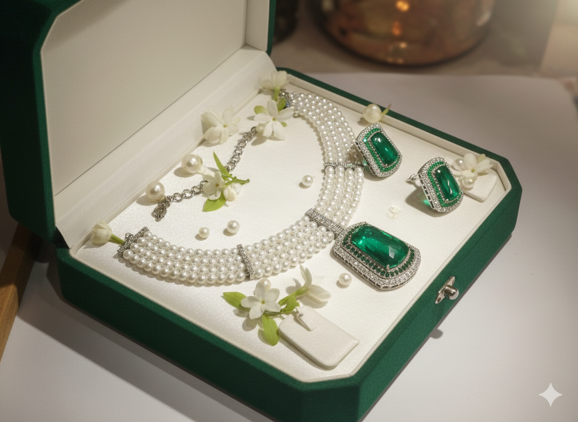 Elegant Pearl Choker Set with Grand Emerald-Green Polki Pendant
