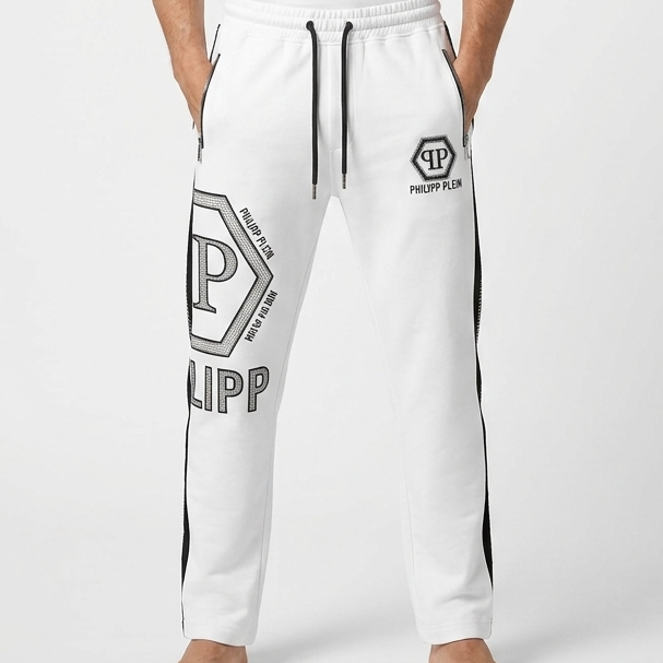 Premium Men’s White Designer Track Pants Stylish Regular Fit Joggers with Zip Pockets