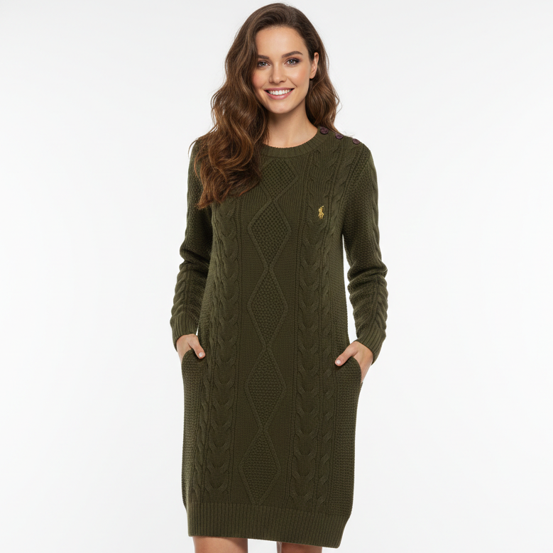 Olive Green Cable-Knit Sweater Dress for Women