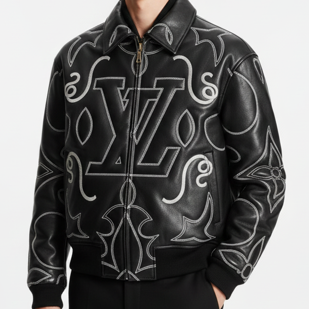 Premium Embroidered Leather Bomber Jacket