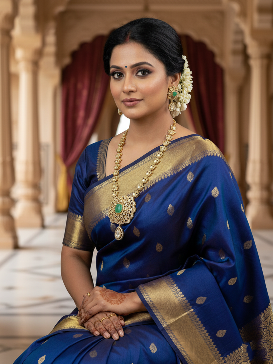 Royal  Necklace Set  with Green Stone Centerpiece & Matching Earrings