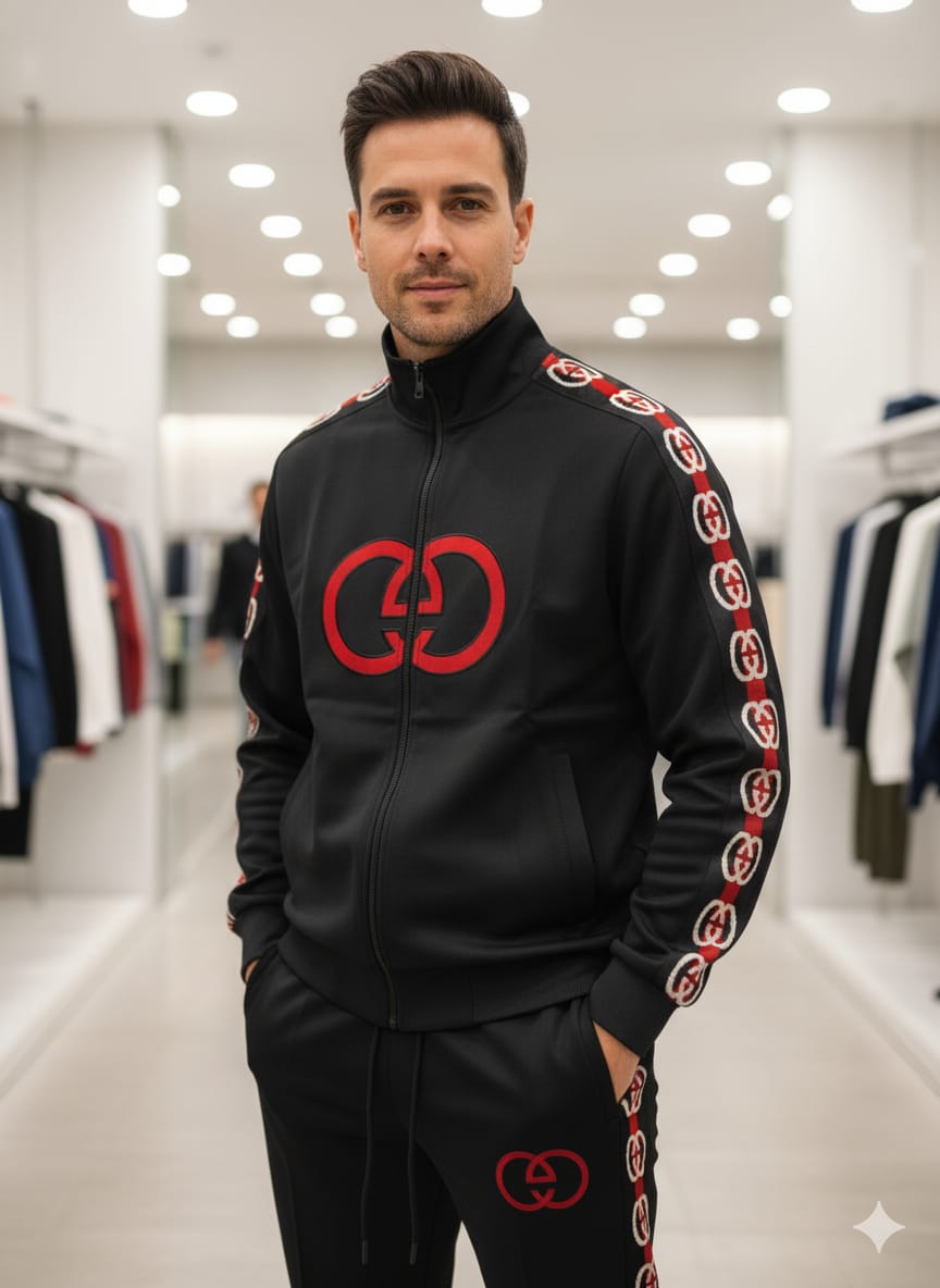 Men Premium Tracksuit – Black with Red Emblem Detailing