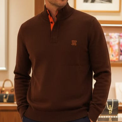 Classic Brown Knit Pullover with Contrast Collar Detailing