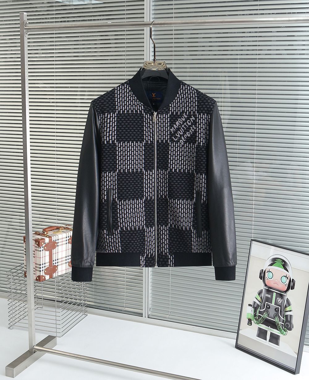 Premium Checkered Bomber Jacket with Leather Sleeves