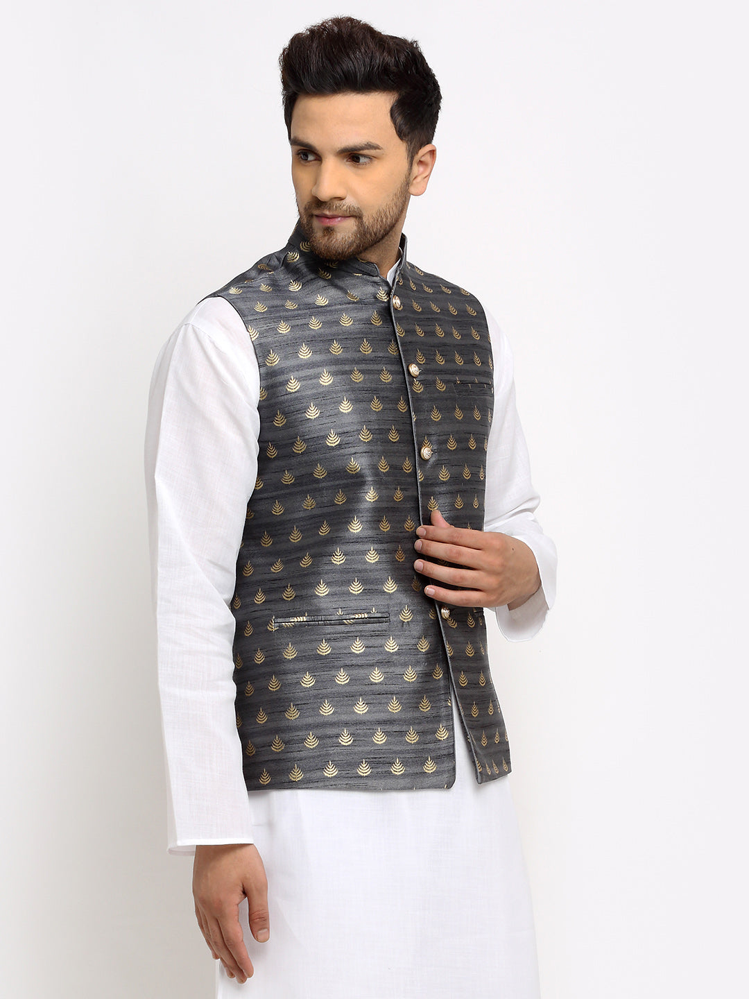 New Designer Men Dark Grey and Golden Brocade Nehru Jacket With Golden Work By Treemoda