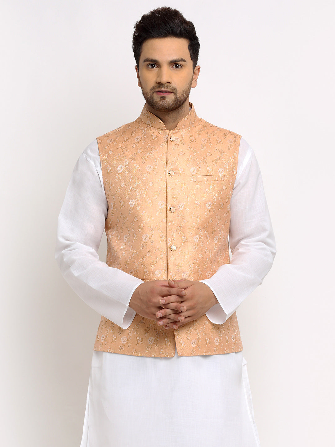New Designer Men Peach Brocade Nehru Jacket With Golden Work By Treemoda