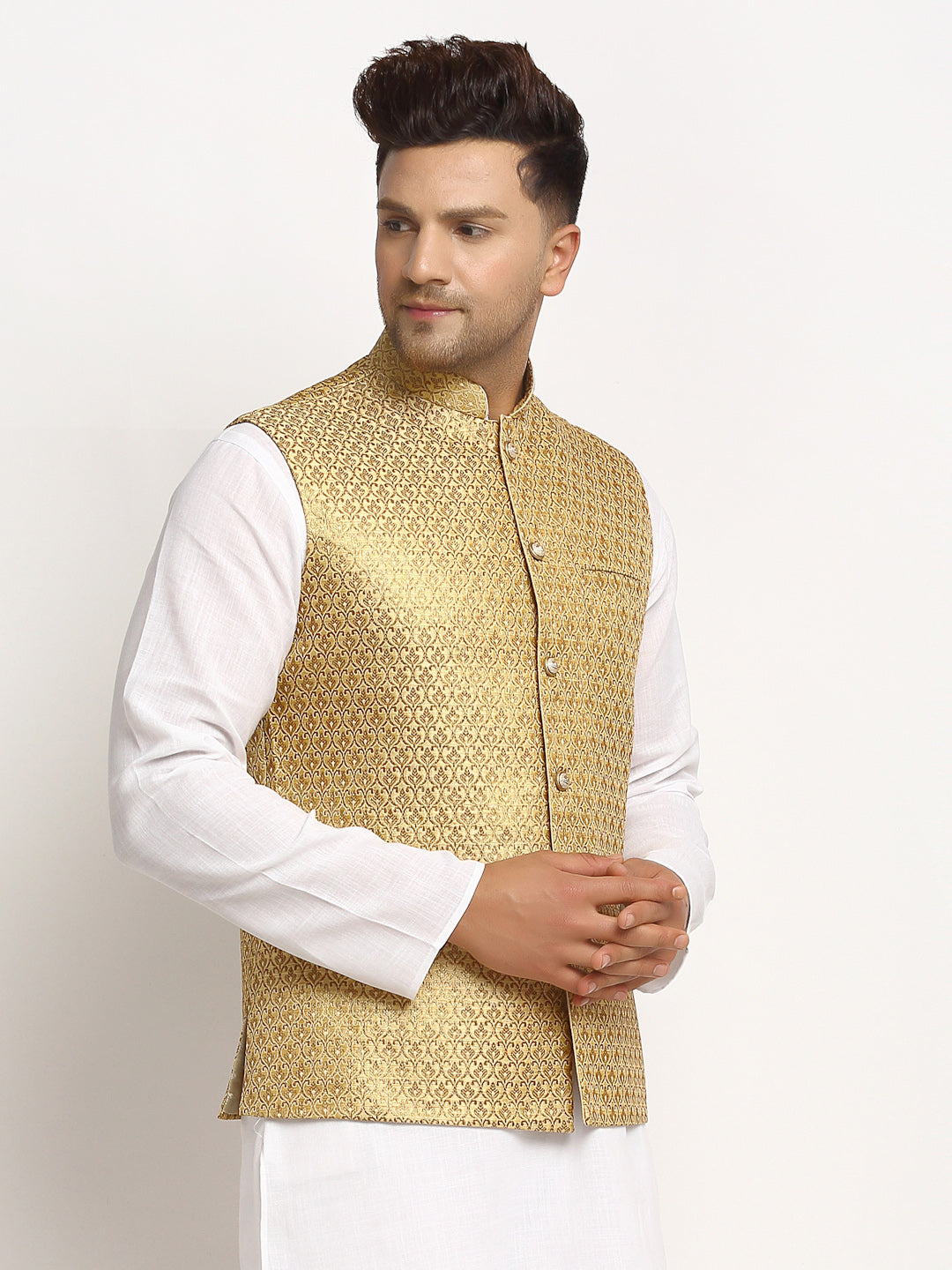 New Designer Men Dark Golden Brocade Nehru Jacket With Golden Work By Treemoda
